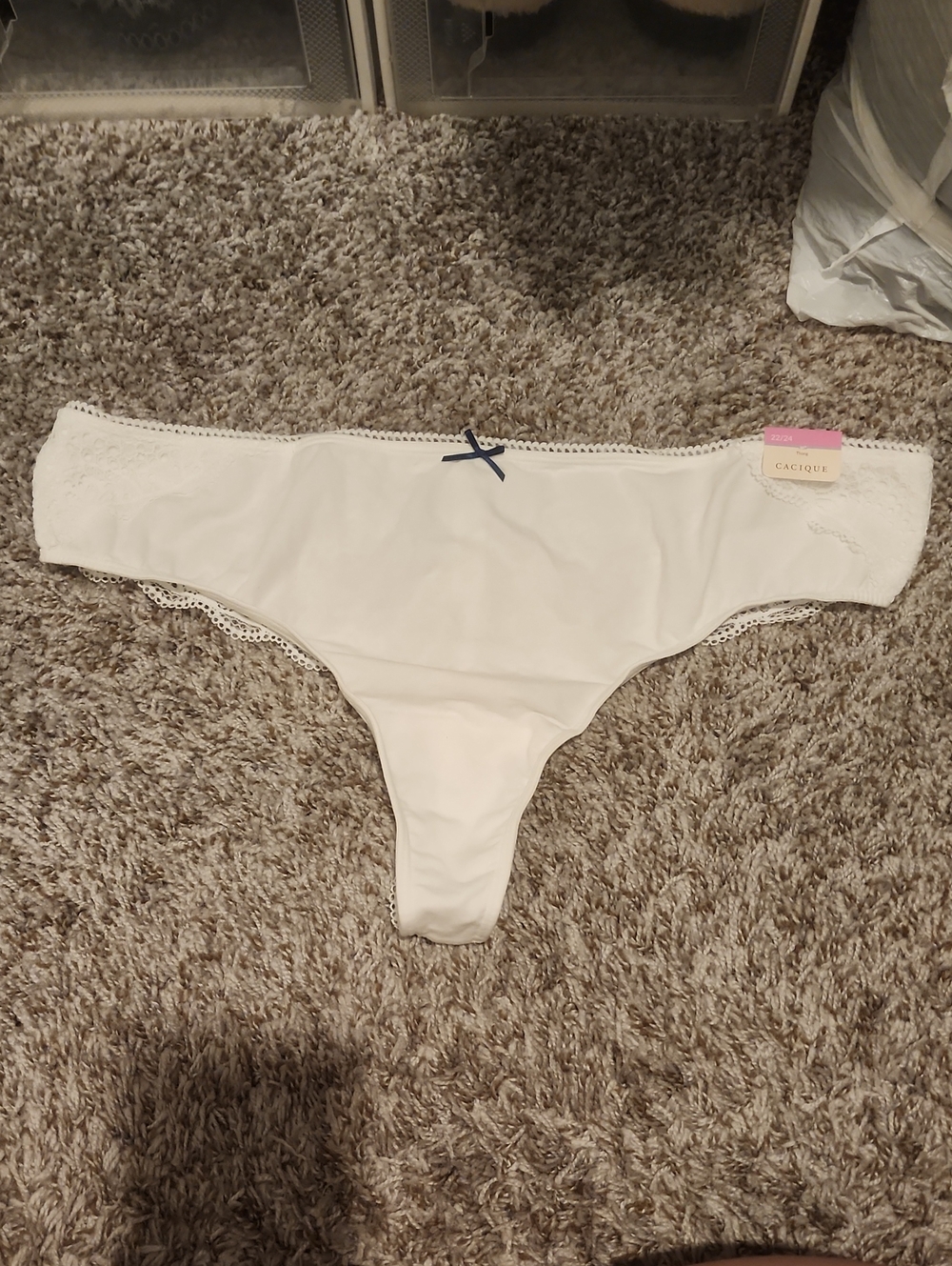 Cacique White Lace-Trim Thong with Navy Bow
